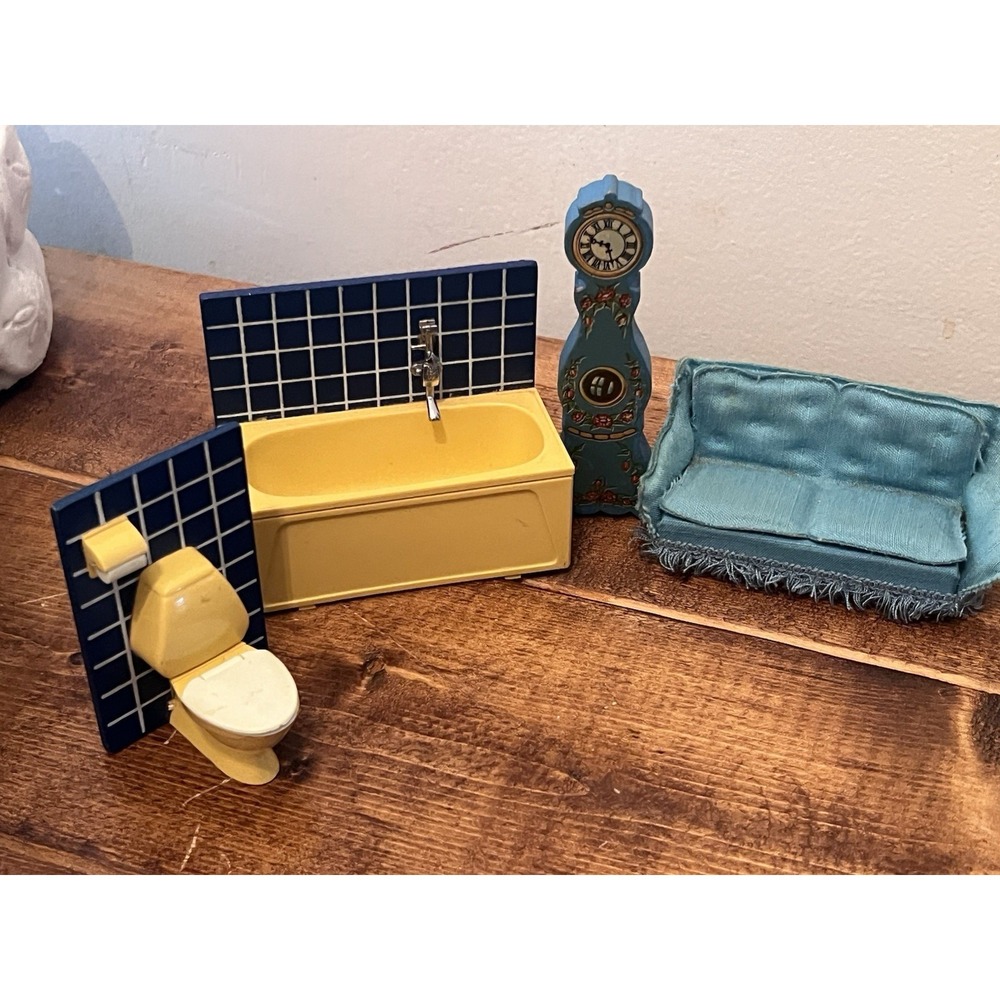 Lundby Dollhouse Blue Duponi Sofa Vintage Lot Clock Bath Toilet Bathroom